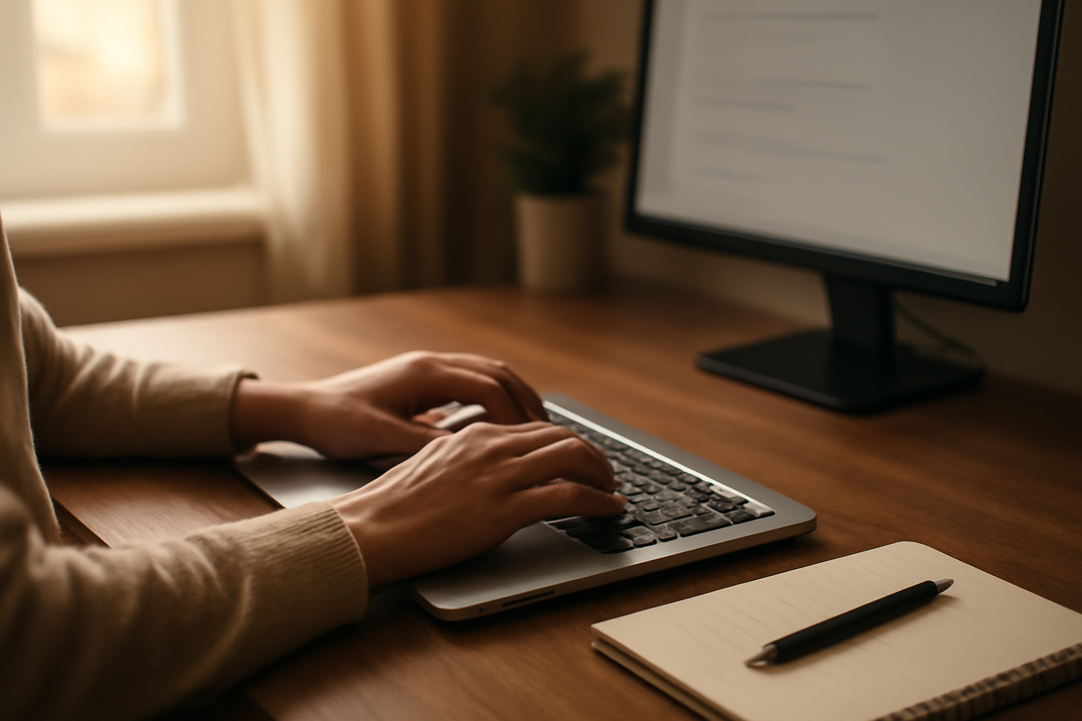 Seseorang memeriksa informasi sistem Windows di laptop dengan monitor tambahan