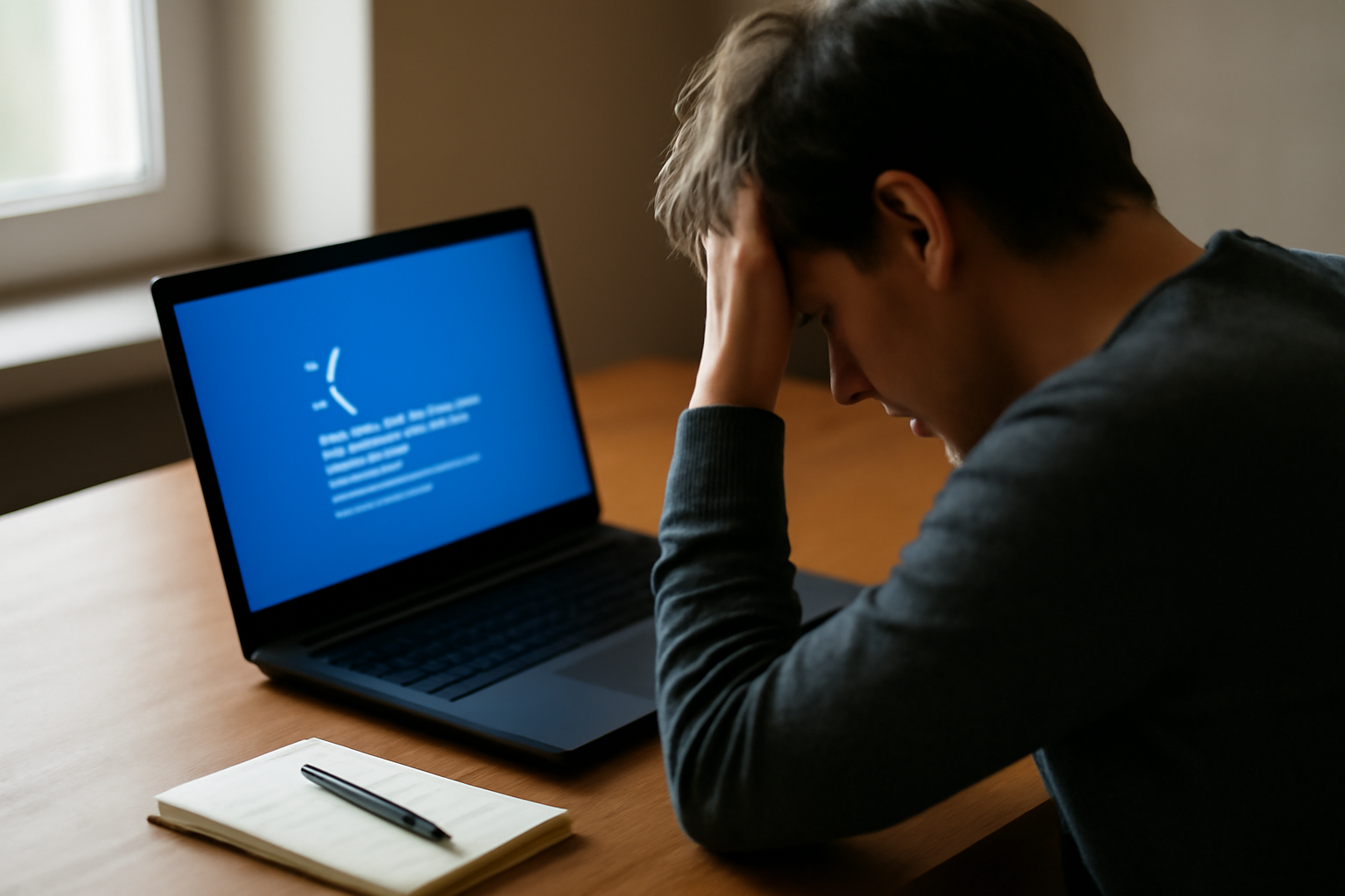Laptop di meja kerja menampilkan pesan error Windows saat restart sendiri