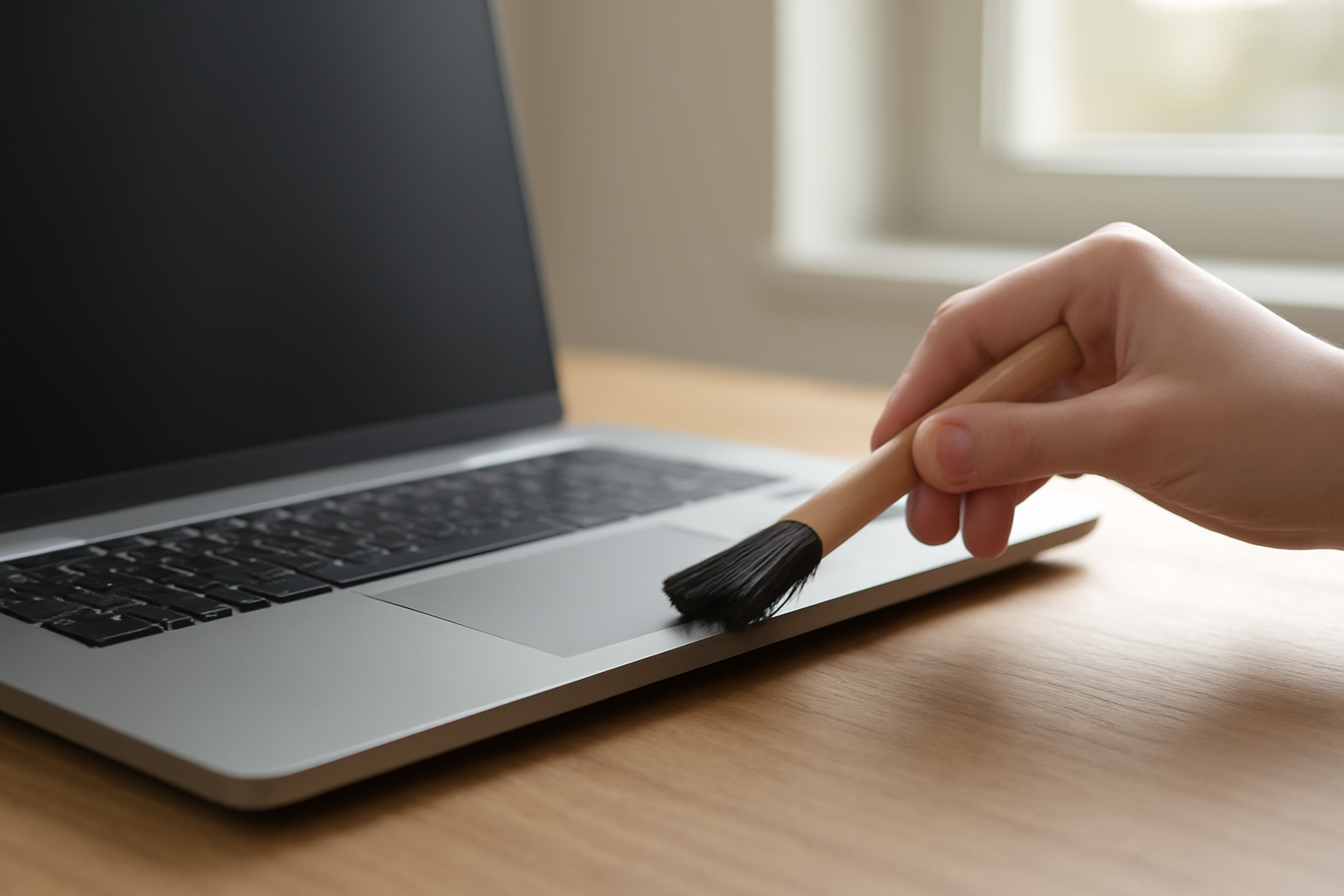 Laptop di meja kayu dengan ventilasi pendingin yang akan dibersihkan dari debu