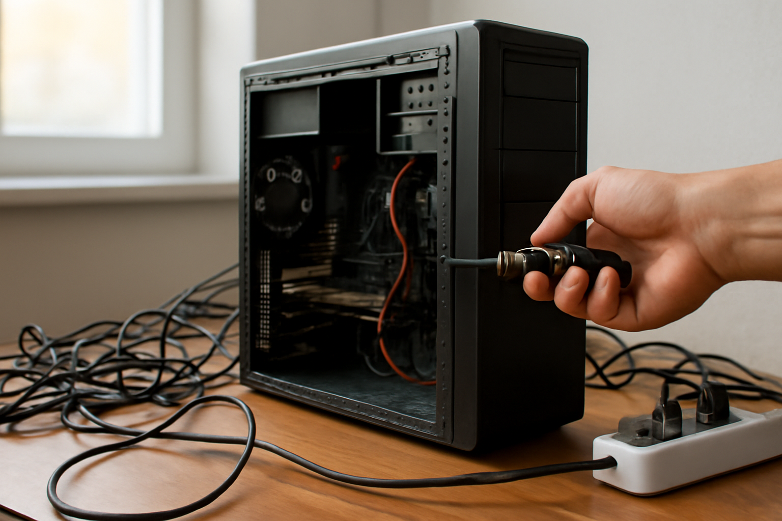 Seseorang memeriksa tombol power dan kabel di dalam casing komputer desktop yang tidak mau menyala