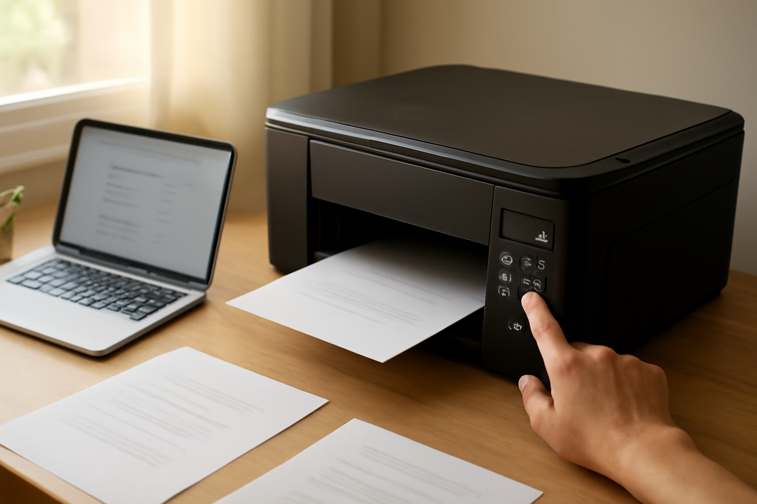 Printer inkjet di meja kerja dengan laptop menampilkan pengaturan printer Windows untuk proses reset