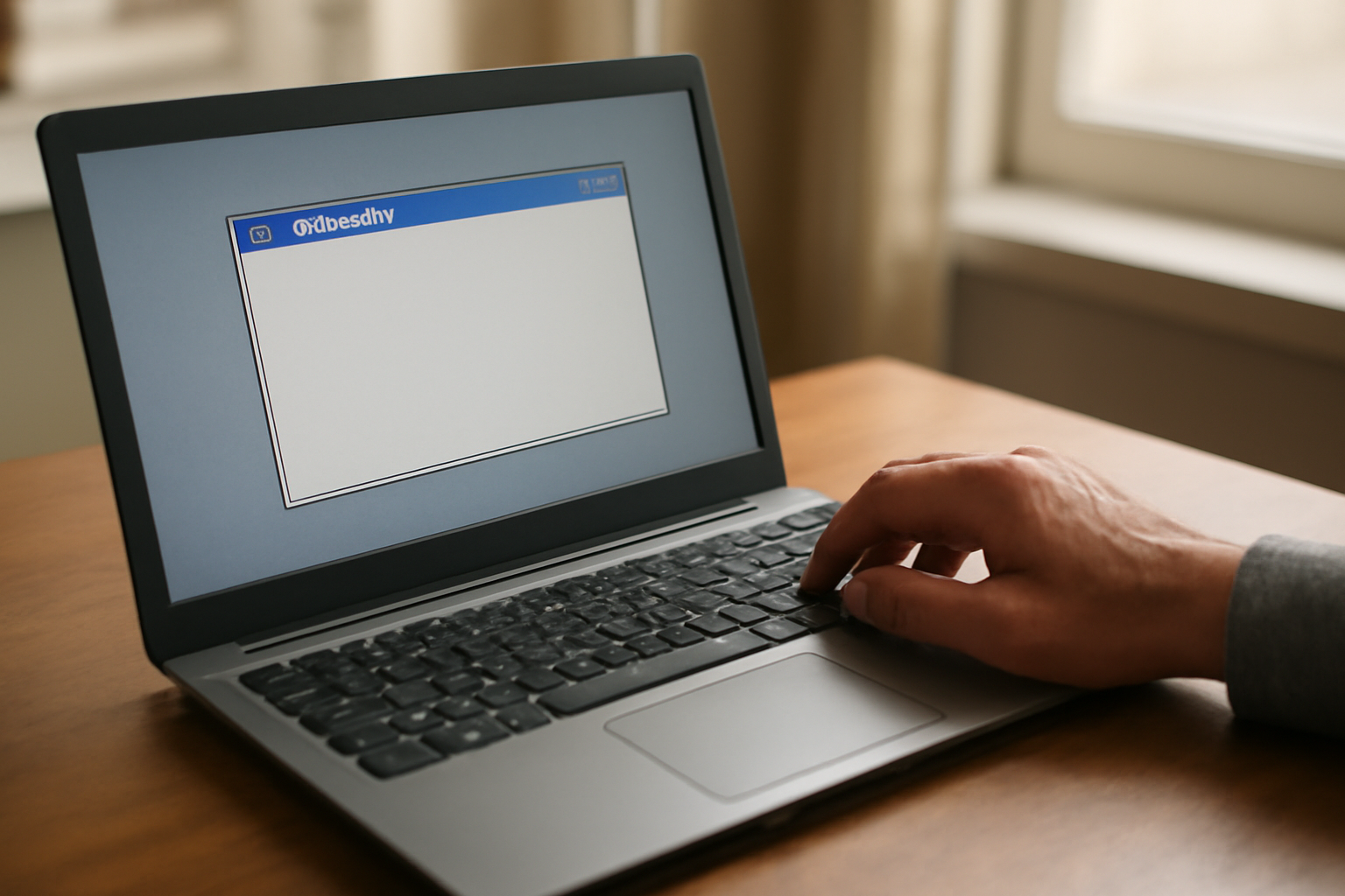 Laptop dengan jendela aplikasi yang tidak merespons di layar, tangan pengguna bersiap menekan tombol power.
